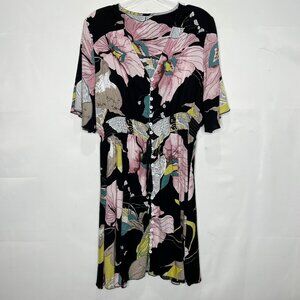 Unbranded Woman’s Dress sz XL Black Floral Flowers Stretch Waist Button Flowy